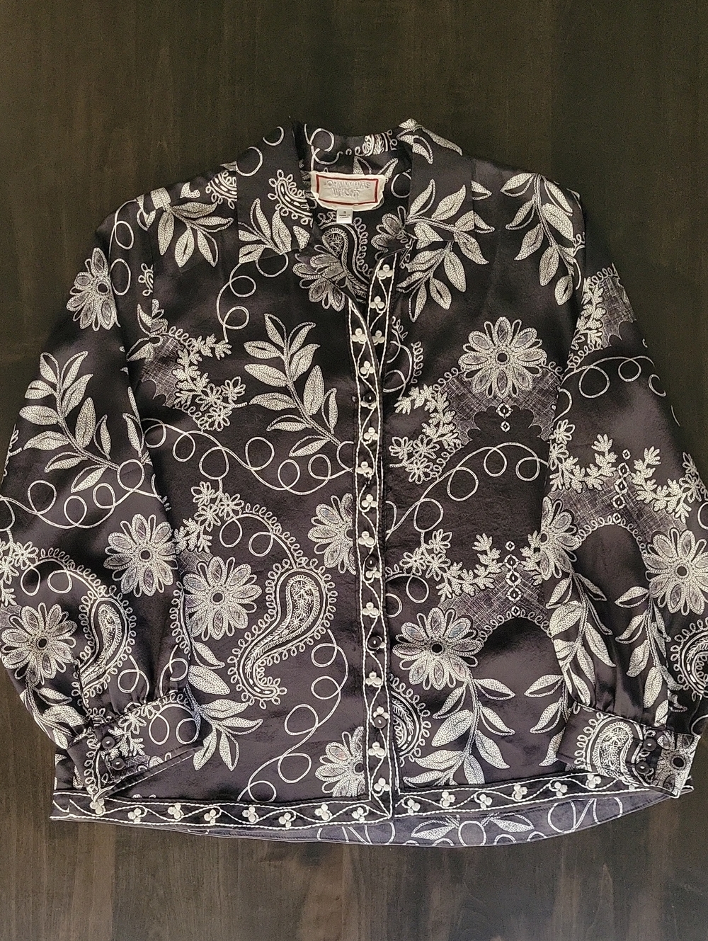 Johnny Was Marana Embroidered 100% Silk Open Neck Blouse Black White Small